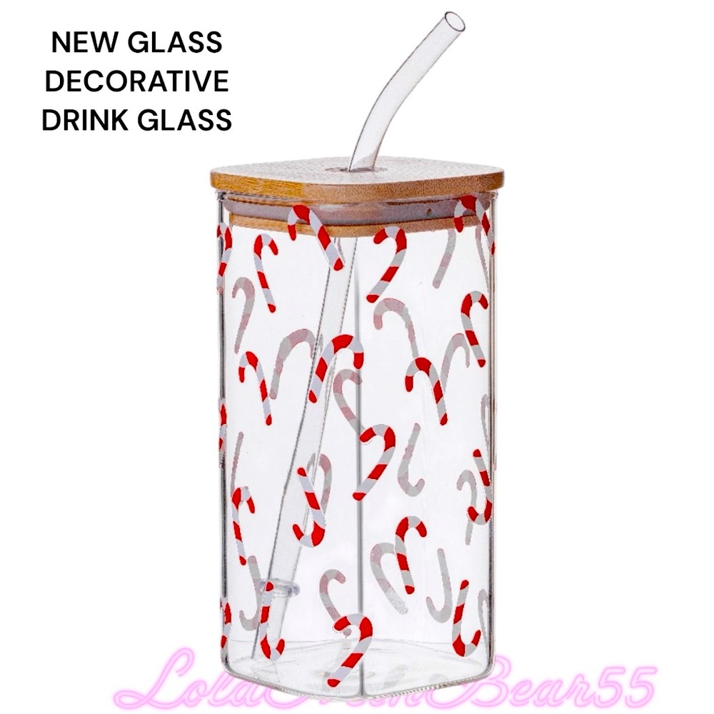 New candy Cane 🦯 decorative drinking glass with glass straw and bamboo lid,